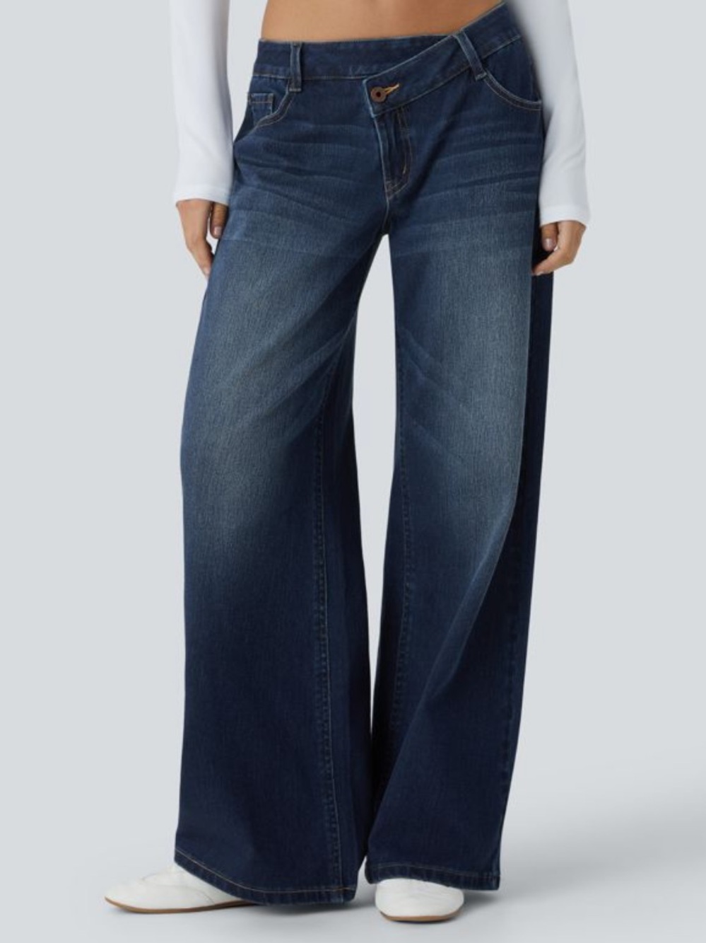 HALARA  Indigo Wide Leg Jeans low rise asymmetrical zipper